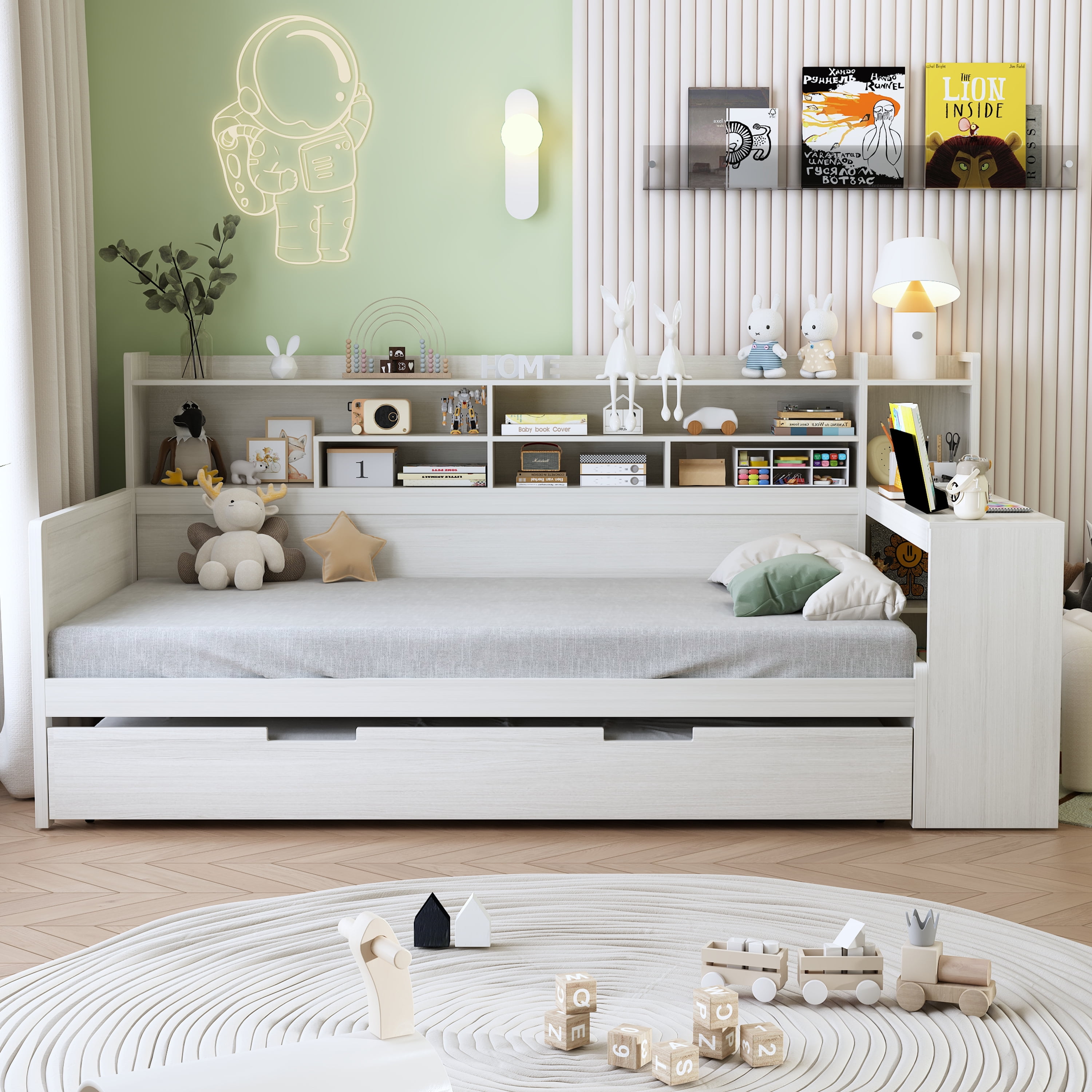 Euroco Wood Twin Size Daybed with Trundle, Storage Captain Bed with Desk and Shelves, Twin