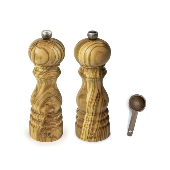 Peugeot Paris Olivier Salt & Pepper Mill Gift Set Olive Wood - With Wooden Scoop (7 Inches)