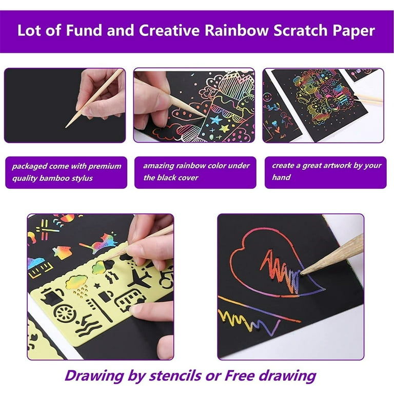 Mocoosy 60 Pcs Scratch Art Paper for Kids, Rainbow Magic Scratch Off Paper Sheets Set, Black Scratch Pads Arts and Crafts Kits for Party Games