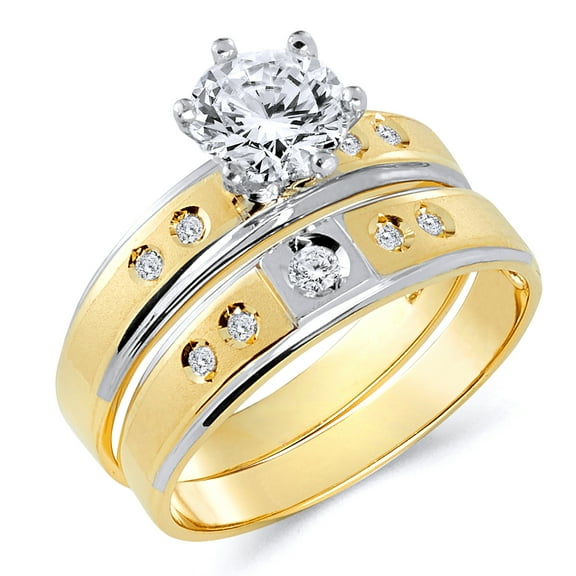 Wellingsale Ladies Solid 14k Two 2 Tone White and Yellow Gold Polished CZ Cubic Zirconia Round Cut Engagement Ring and Wedding Band Bridal Set - Size 4