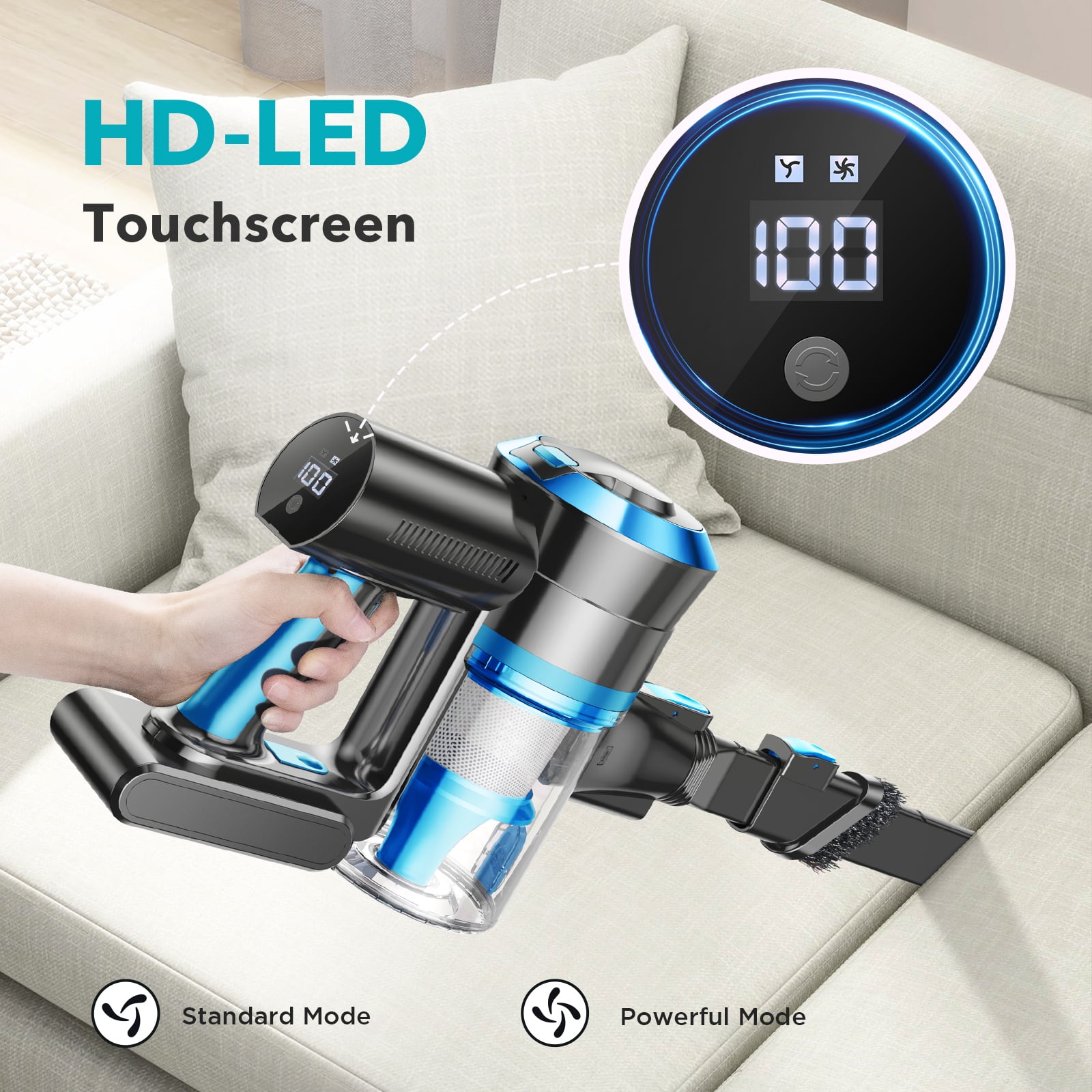 Cordless Vacuum Cleaner, 38000PA/450W 50min 2500mah for Home Pet Hair Carpet Wood Floor (Blue)