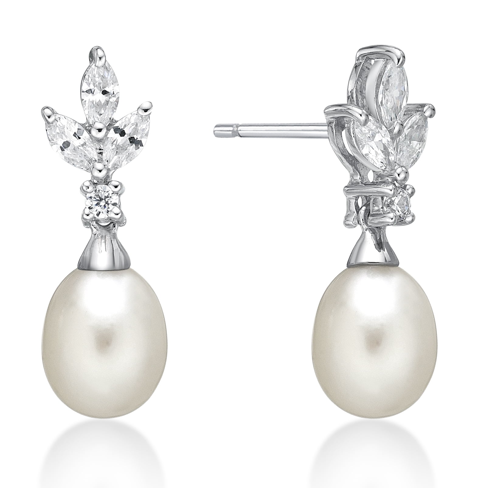 Brilliance Fine Jewelry 925 Sterling Silver Fancy Freshwater Pearl with Simulated White Diamond accent Boxed Set with Earring and Pendant, 18" Chain