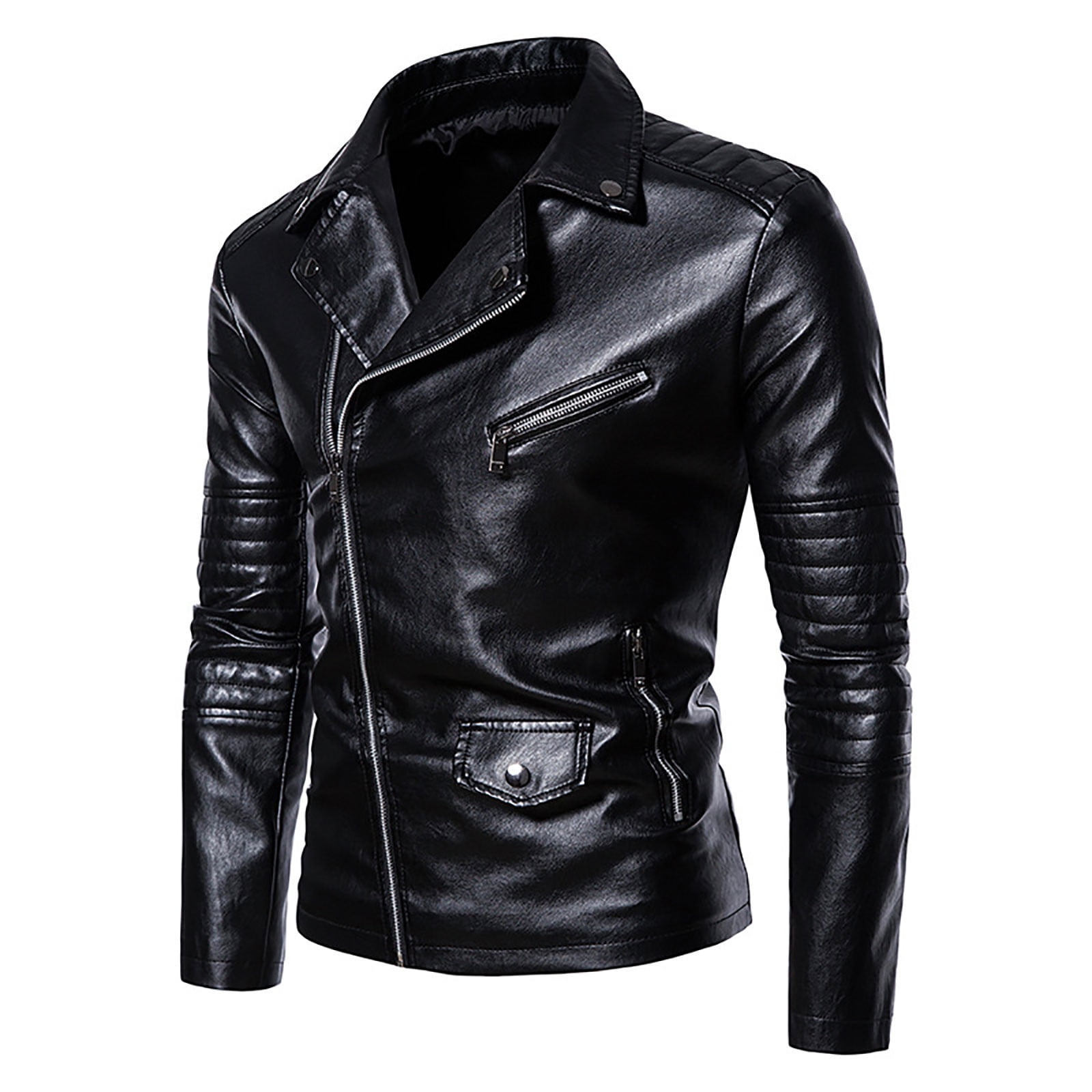 IROINNID Men's Long Sleeve V-Neck Faux Leather Notch Lapel Mid-Length Jacket Solid Color Comfy Autumn Spring And Autumn Faux Leather Jacket