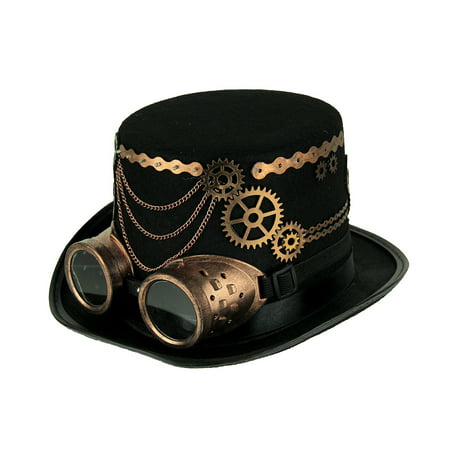 Black Steampunk Top Hat with Copper Colored Gears and Goggles