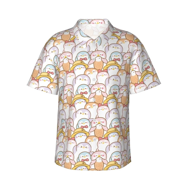 Balery Cute Cartoon Penguin Camisas hawaianas de manga corta para hombre, camisas playeras de corte holgado, camisas de vacaciones con botones,Large