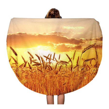 KDAGR 60 inch Round Beach Towel Blanket Yellow Landscape Ripe Wheat at Sunset Blue Field Sunrise Travel Circle Circular Towels Mat Tapestry Beach Throw