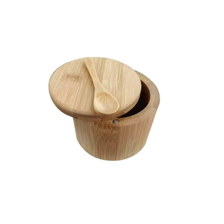 

kitchen bamboo organizer salt cellar with storage compartment round spice jar swivel lid and magnet to keep dry with mini Spoon Shape