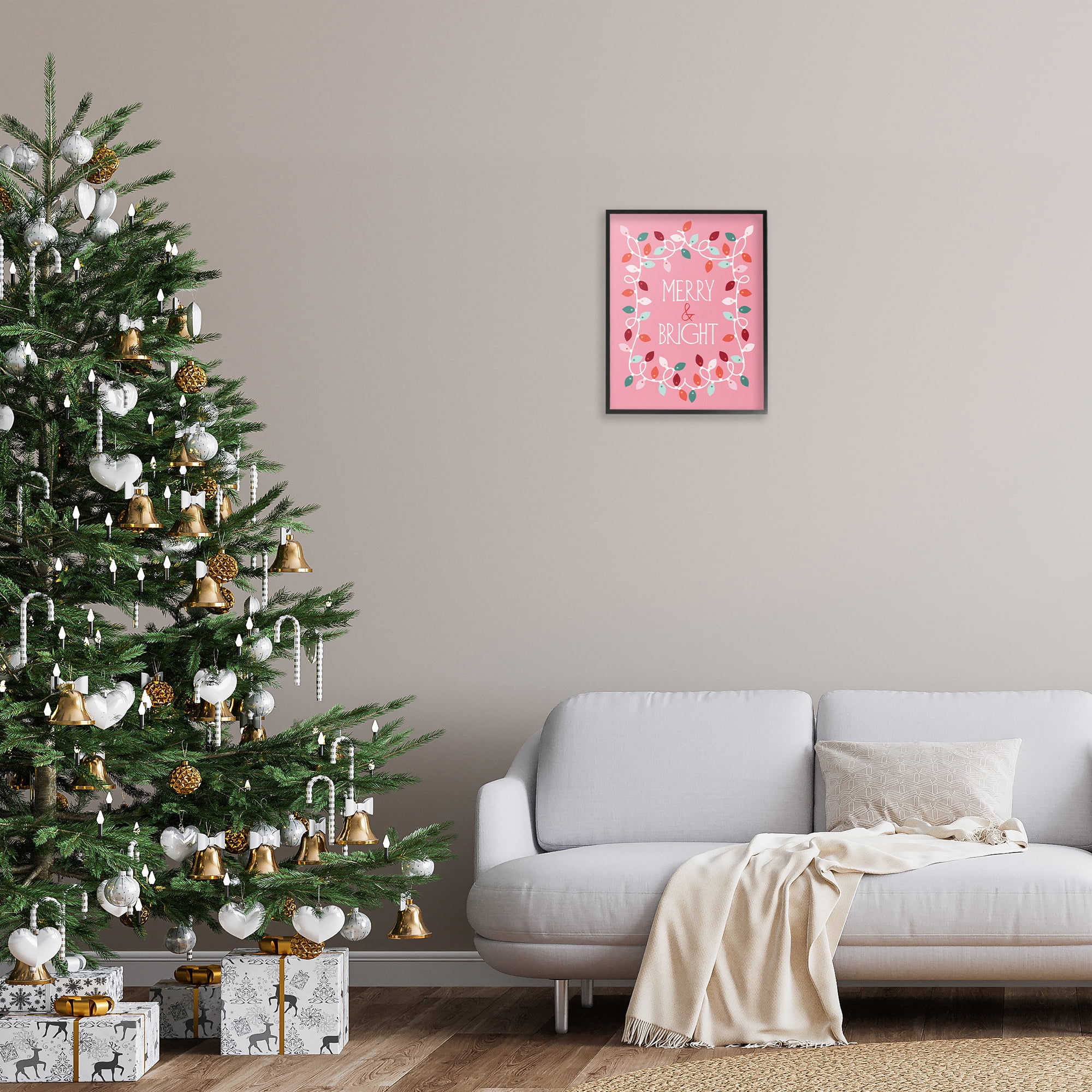 Stupell Industries Merry and Bright Pink Holiday Painting Black Framed Art Prints Wall Art, 16 x 20