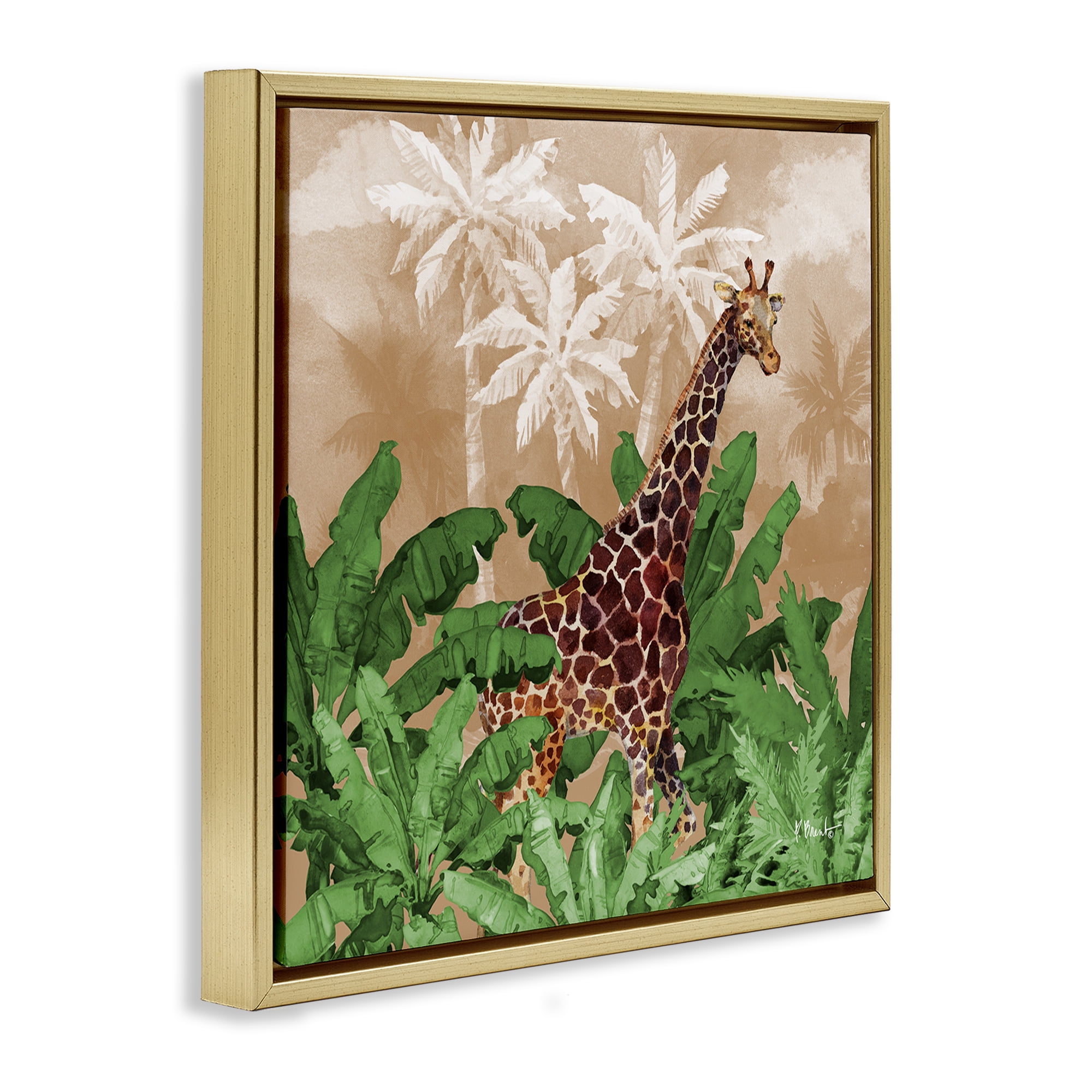 Stupell Industries Jungle Life Giraffe Animals & Insects Painting Gold Floater Framed Canvas Art Print Wall Art, 25 x 25