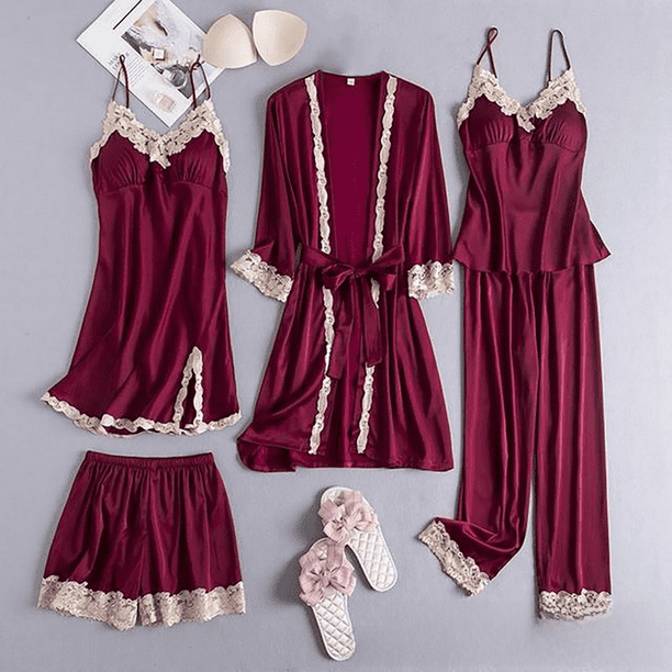 Camisón de encaje de cinco piezas con almohadilla para el pecho extraíble para mujer, estilo europeo y americano, para primavera y otoño, sexy, para el hogar