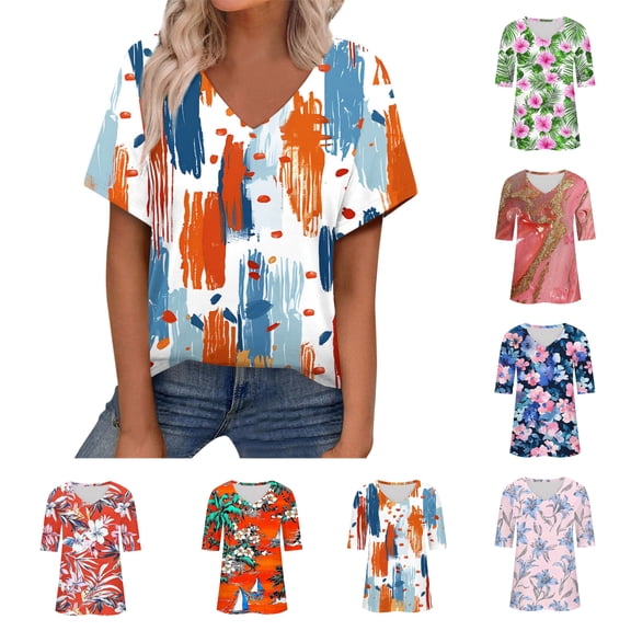 ATENAR T Shirts for Women Casual V Neck Womens Shirts Printed Tee Orange XL