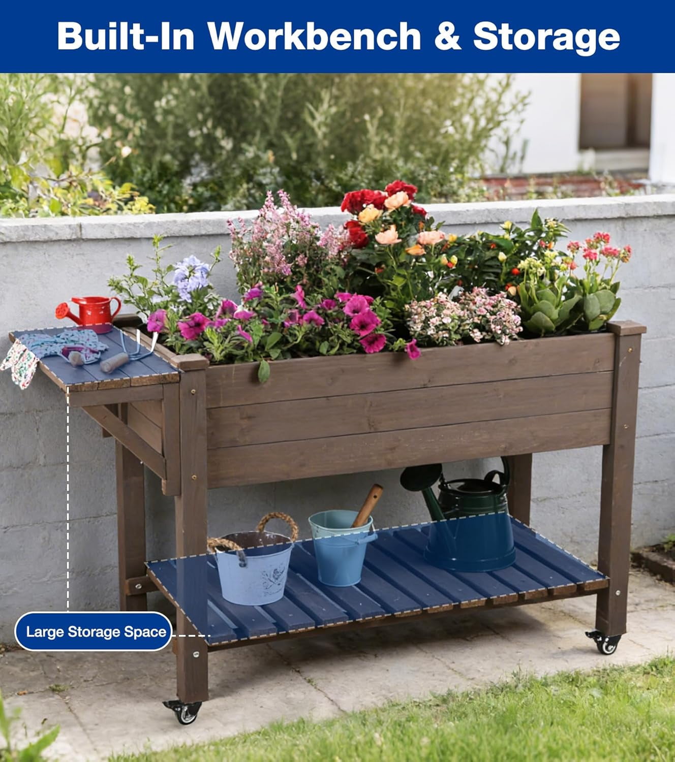 MEDEHOO Raised Garden Bed Outdoor with Wheels, 52.7" Elevated Wooden Garden Bed with 8 Planter Boxes, Removable Dividers, Storage Shelf, Standing Mobile Planter with Non-Woven Liner