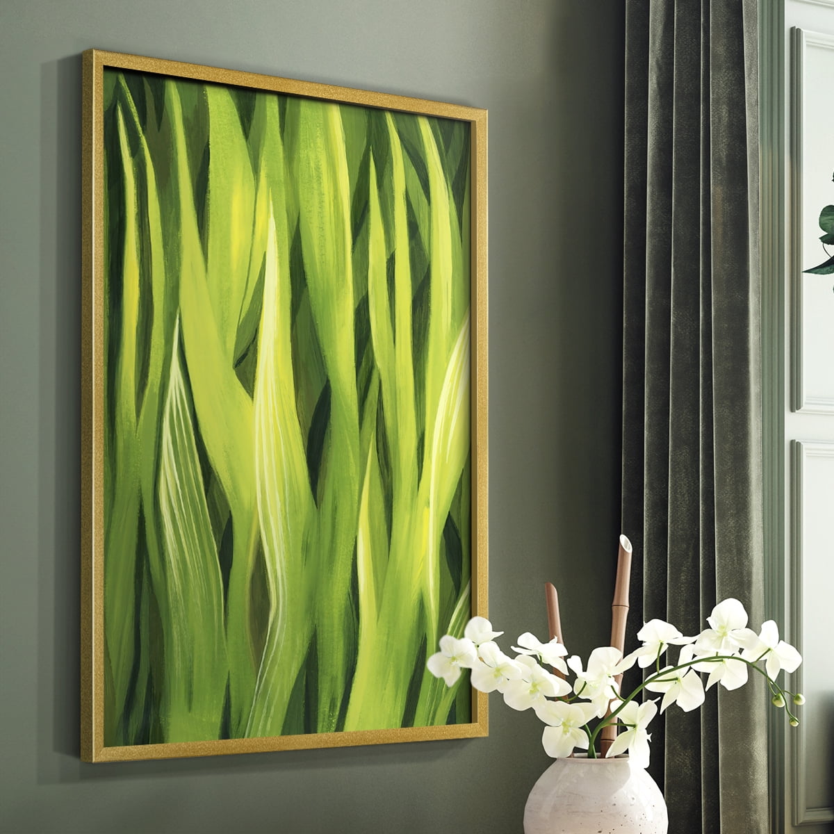 Blades of Grass I Framed Print in Gold Solid Wood Framed Print No Nail Hanging