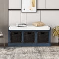 thumbnail image 2 of Rustic Storage Bench with 3 Removable Classic Rattan Basket , Entryway Bench with Removable Cushion (Antique Navy), 2 of 9