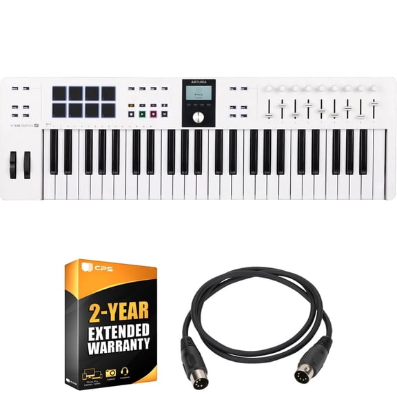 Arturia KeyLab Essential 49 mk3 49-Key USB MIDI Controller Keyboard, White 231521 Bundle with 2 YR CPS Extended Warranty and OnStage MDC-5 5-Ft Male-to-Male MIDI Cable