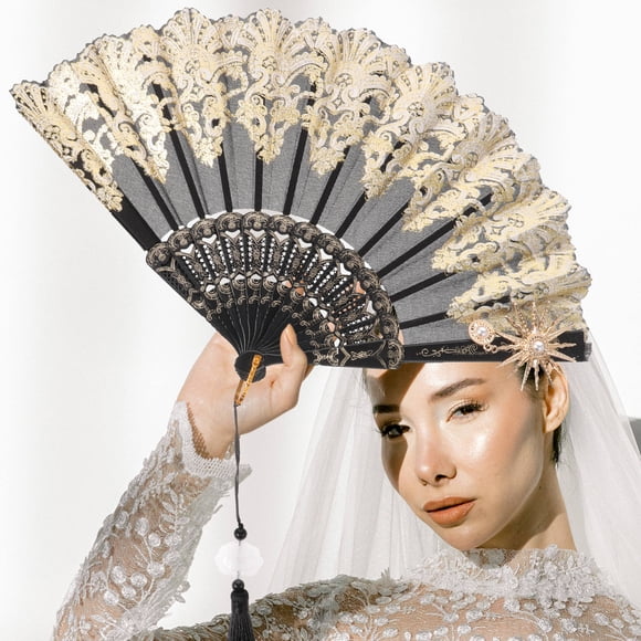 UPGRATOR Black Cloth Folding Hand Fan Vintage European Style for Wedding Party and Daily Use