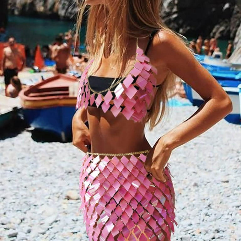 Sequins Tassels Body Chain Outfits Bra Skirt Bikini Rave Festival Party Beach Fashion Accessories light pink Walmart