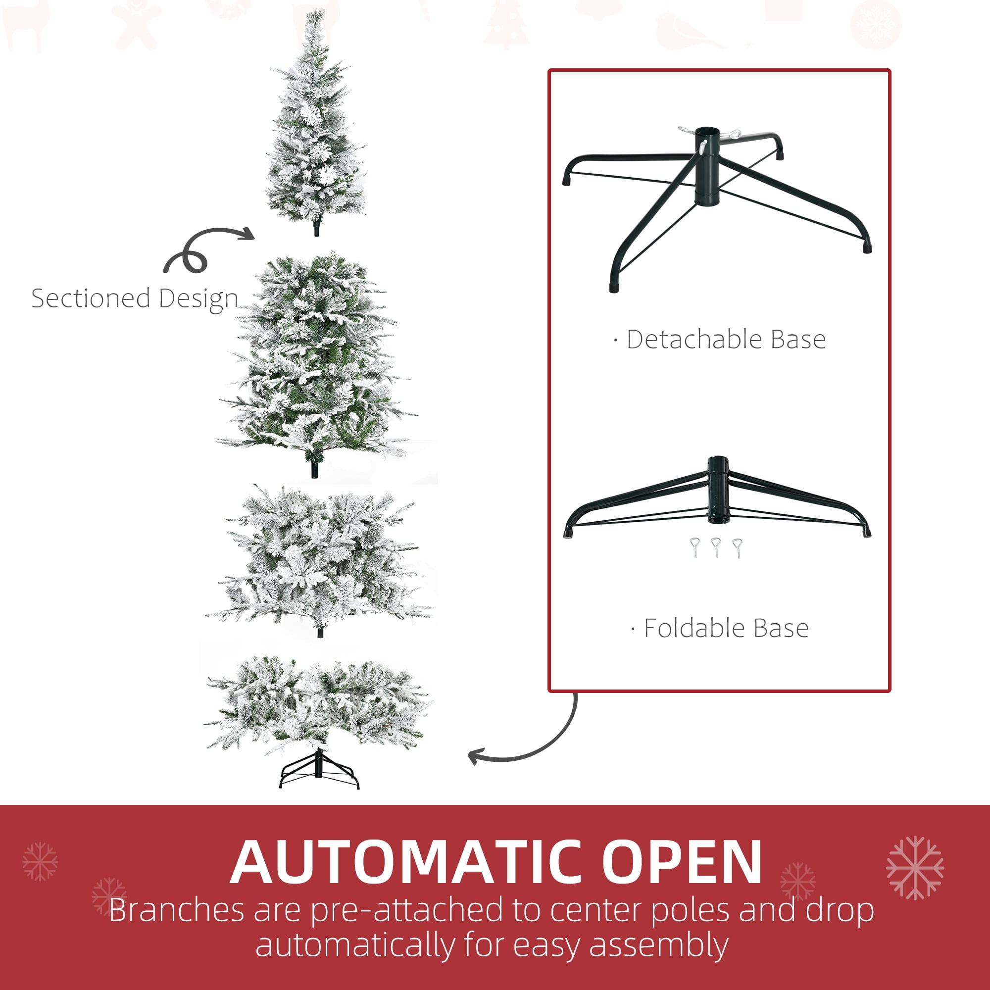 9ft Snow Flocked Christmas Tree 1159 Tips Auto-Open Branches Flame Retardant Indoor Decor