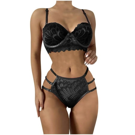 

AnuirheiH Women Lingerie Sets Sexy Solid Color Bralette Panty Strappy Lace Embroidery Lingerie Set On Sale