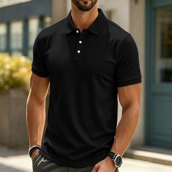 COSFO Polo Shirts for Men Short Sleeve Ribbed Knit Black Casual Shirts Golf Classic Fit Business Pullover Collared Tops