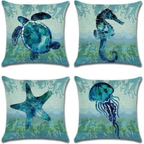 Throw Pillow Covers Sea Theme Marine Animal Pattern Cotton Linen Pillow Covers Home Decorative Sofa Summer Beach Throw Pillowcase Cushion Covers Coastal Theme 18"x 18" Set of 4 (BOG02)