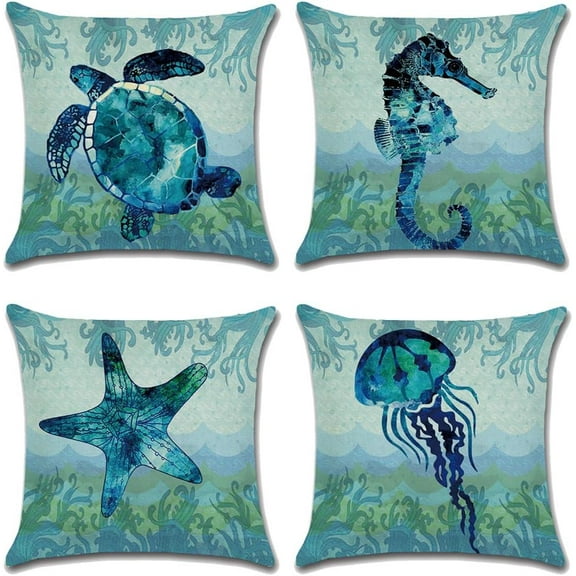 Throw Pillow Covers Sea Theme Marine Animal Pattern Cotton Linen Pillow Covers Home Decorative Sofa Summer Beach Throw Pillowcase Cushion Covers Coastal Theme 18"x 18" Set of 4 (BOG02)