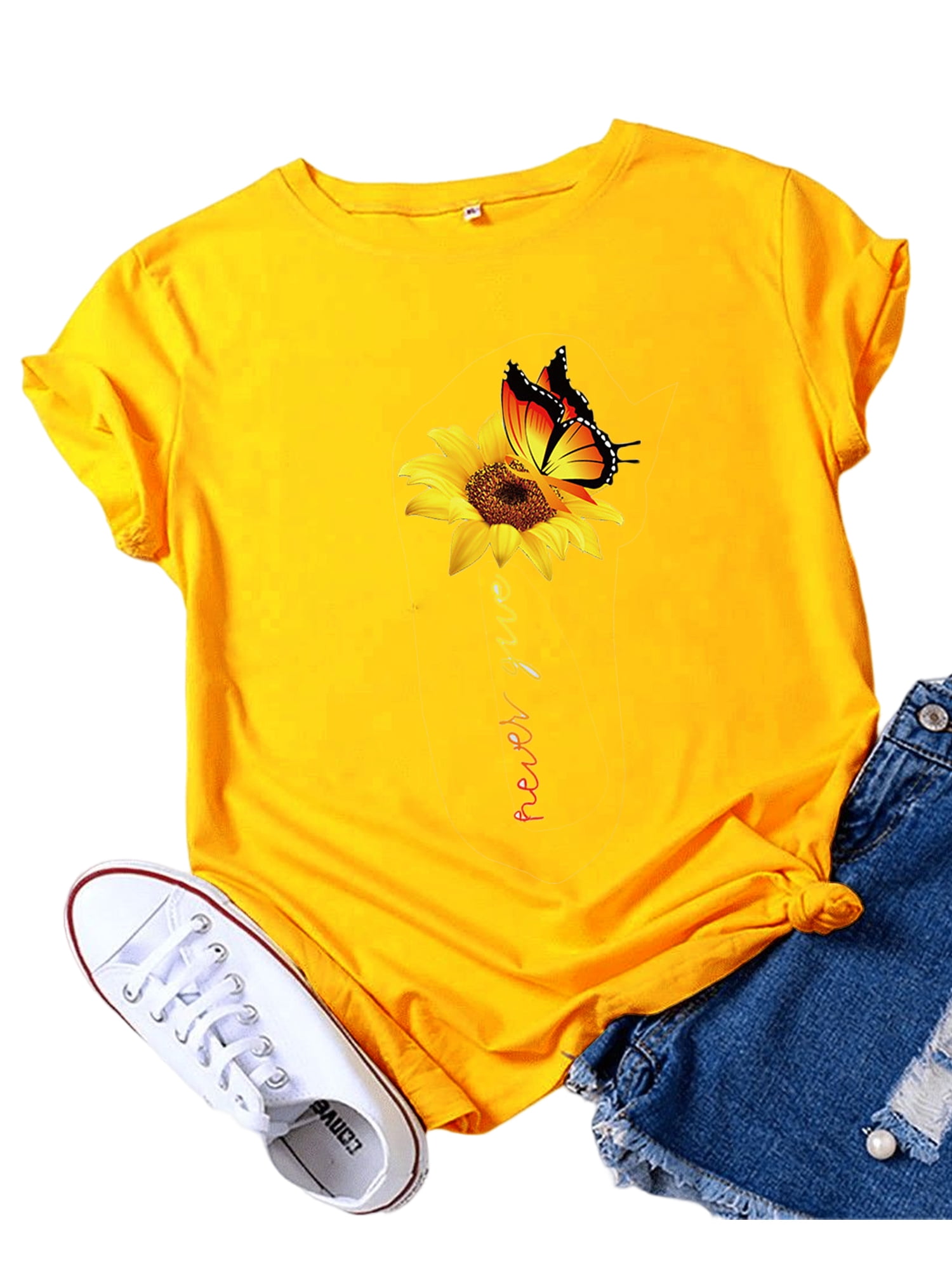 Innerwin Tee Butterfly Letter Printed Ladies T Shirt Holiday Short Sleeve Basic Tops Golden M