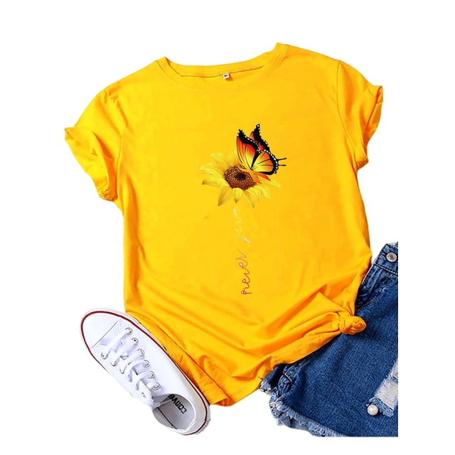 Innerwin T-Shirt Papillon Imprimé Lettres pour Femmes Manches Courtes Basiques Doré 3TG