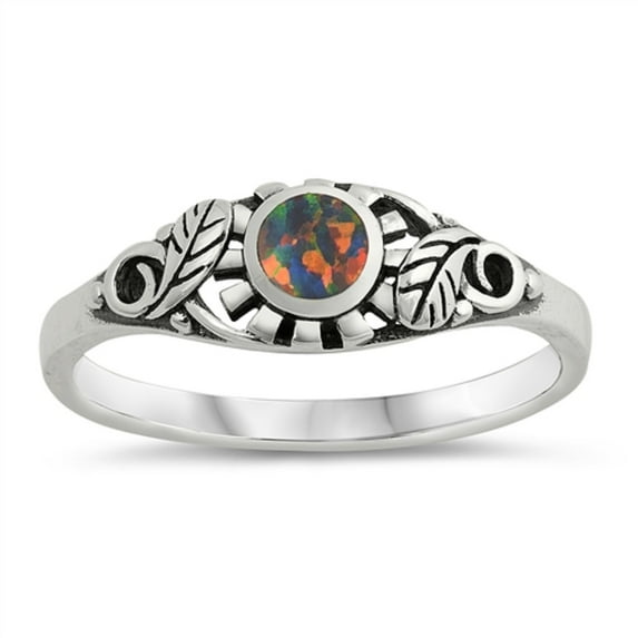 Round Black Simulated Opal Center Floral Leaves Ring Sterling Silver Size 4