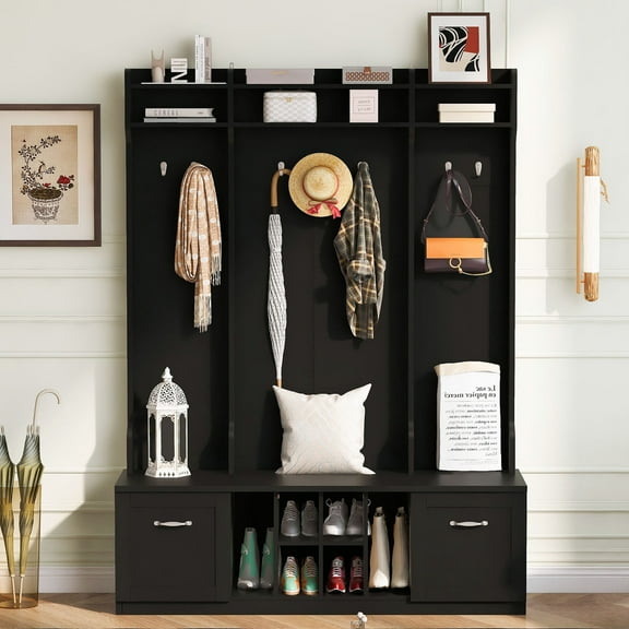 S-HOME 5-In-1 Entryway Bench With Coat Rack, 58.8 Inch Hall Tree With Drawers And Adjustable Shelves