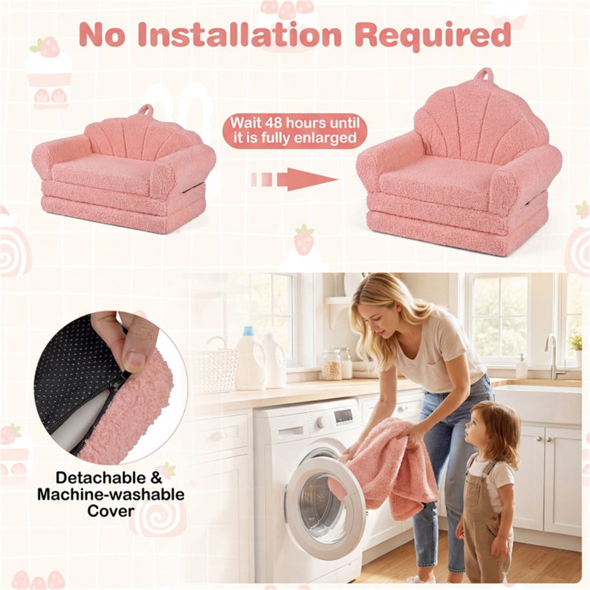 2-in-1 Flip Open Kids Sofa Lounger, Teddy Fleece Toddler Couch with Carry Handle, Converts from Sofa to Lounger, Removable Washable Cover, for Ages 3-8 (Pink)