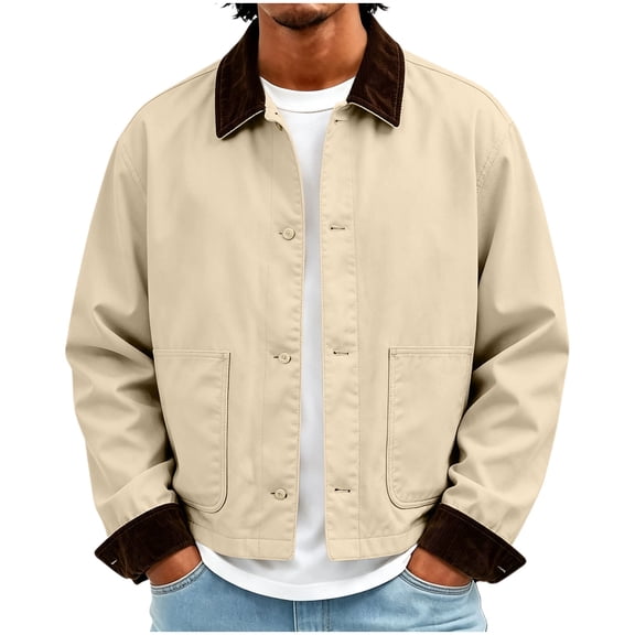 Bosfbaoi Cropped Work Jacket for Men Contrast Corduroy Collar Button Down Casual Coat with Patch Pockets