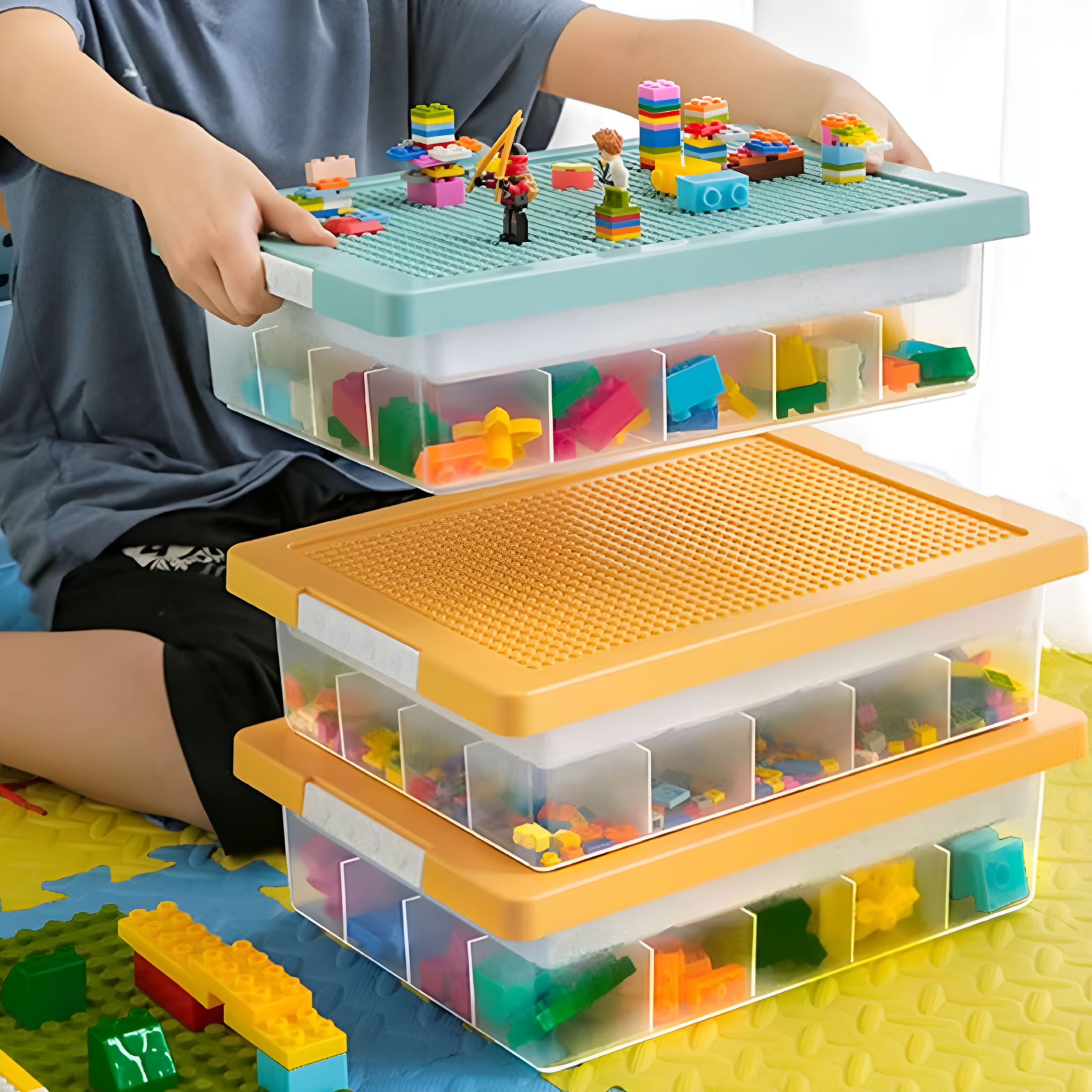 XIBUFE 2026 New Building Block Storage Box with Removable Cover Multi Compartments Large Capacity Transparent Art Craft Storage Organizer Stackable Bins for Toys