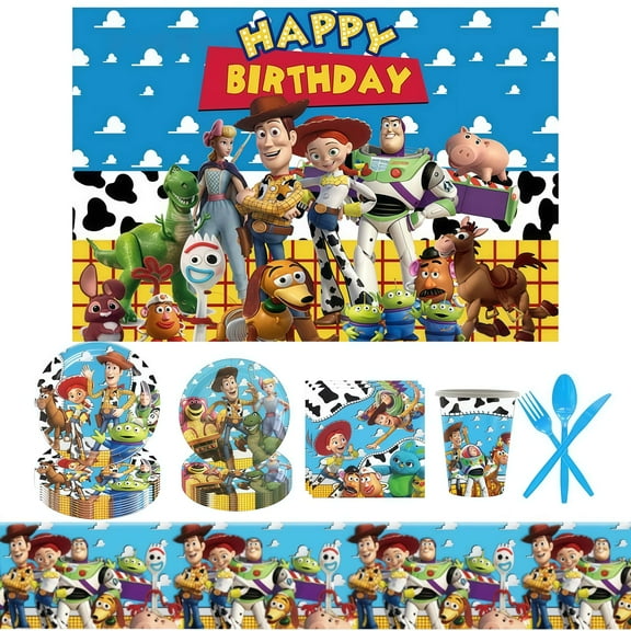 Toy Story Birthday Decorations, 82PCS Toy Story Party Theme Decorations and Tableware Set - Cartoon Party Plates, Backdrops, Tablecloths, Paper Cups Cartoon Birthday Party Set