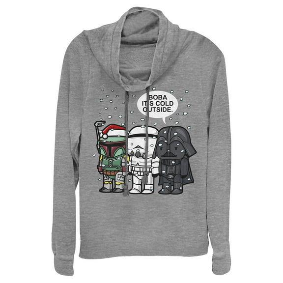 Junior's Star Wars Christmas Boba It's Cold Outside  Cowl Neck Sweatshirt Gray Heather Large