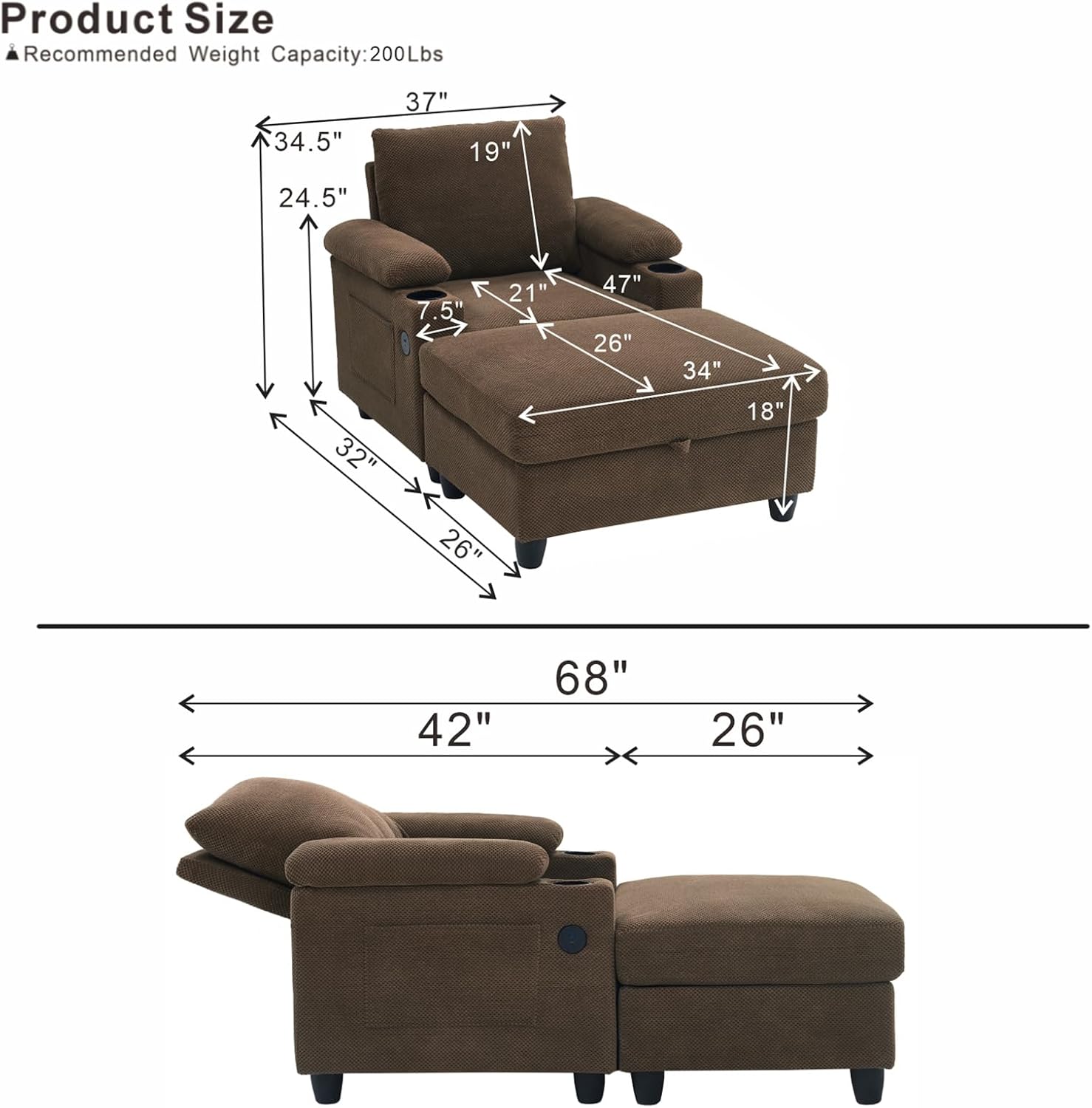 MOONMISS Chaise Lounge Chair Indoor, Convertible Recliner Reading Sofa Chair, Coffee | Cup Holders, USB Port, Adjustable Backrest, Storage Ottoman for Living Room,Home Theater & Bedroom,Coffee