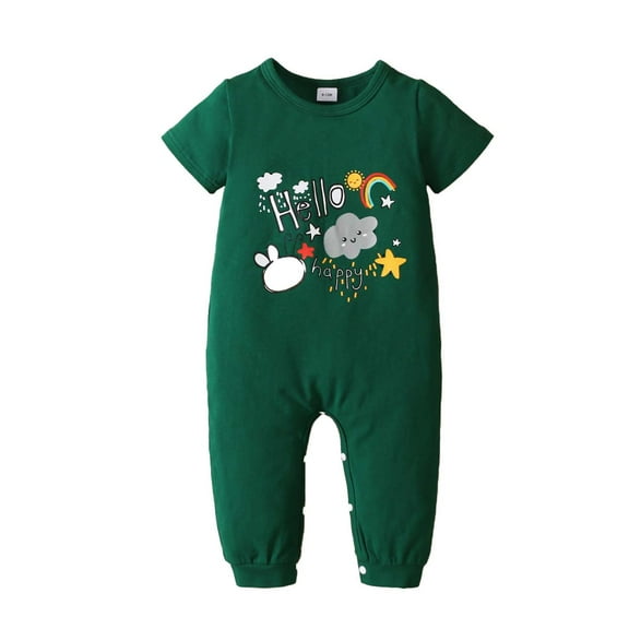 Kucnuzki Newborn Baby Boy Clothes 6 Months Summer Bodysuit 9 Months Short Sleeve Carton Could Prints Onesie Jumpsuit Bodysuit Dark Green