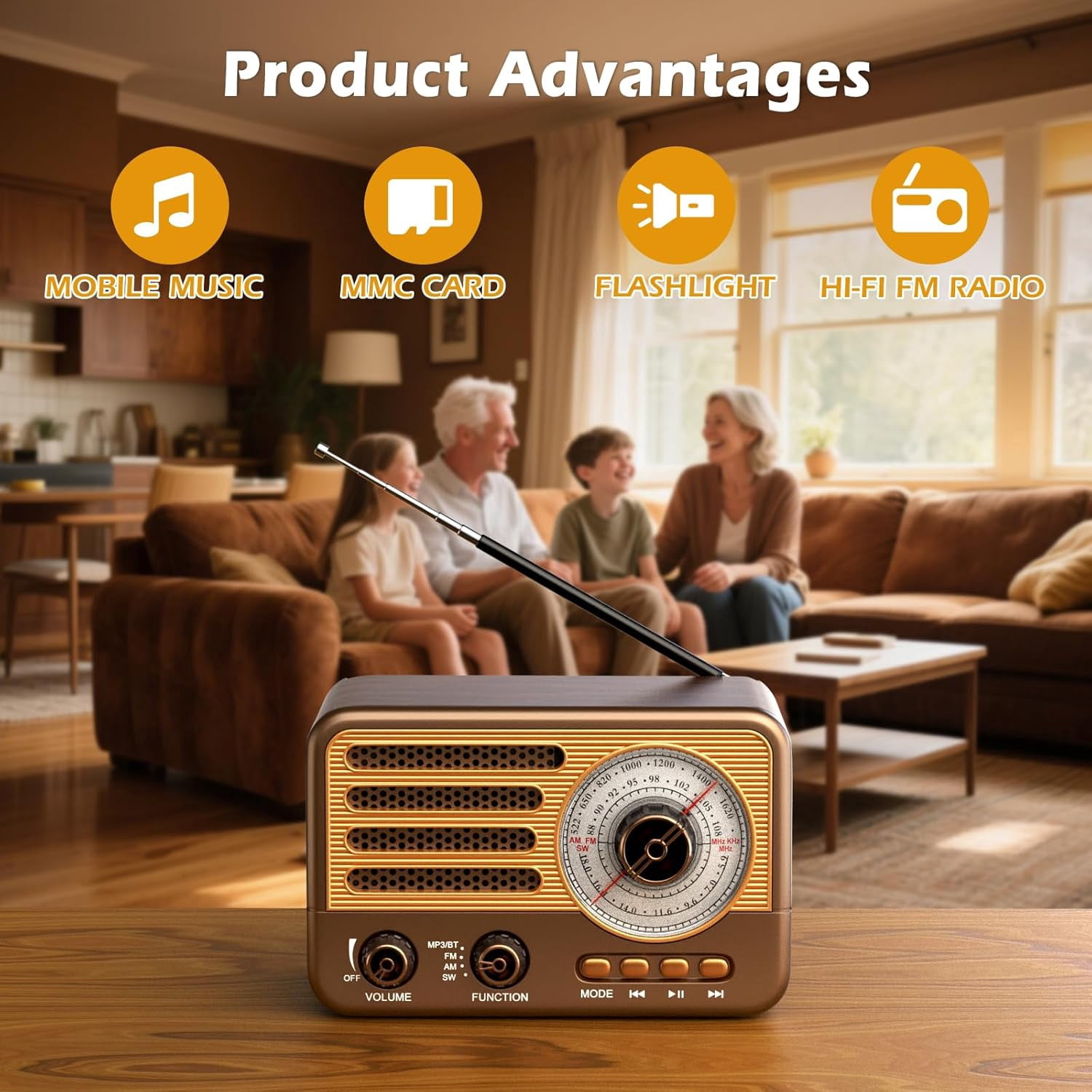 Retro Transistor Radio, Small Rechargeable Portable Radio, Personal Radio AM FM SW with 1800mAh Lithium-ion Battery, Support TF Card/Aux/USB MP3 Player Perfect for Indoor, Outdoor Use - Bronze