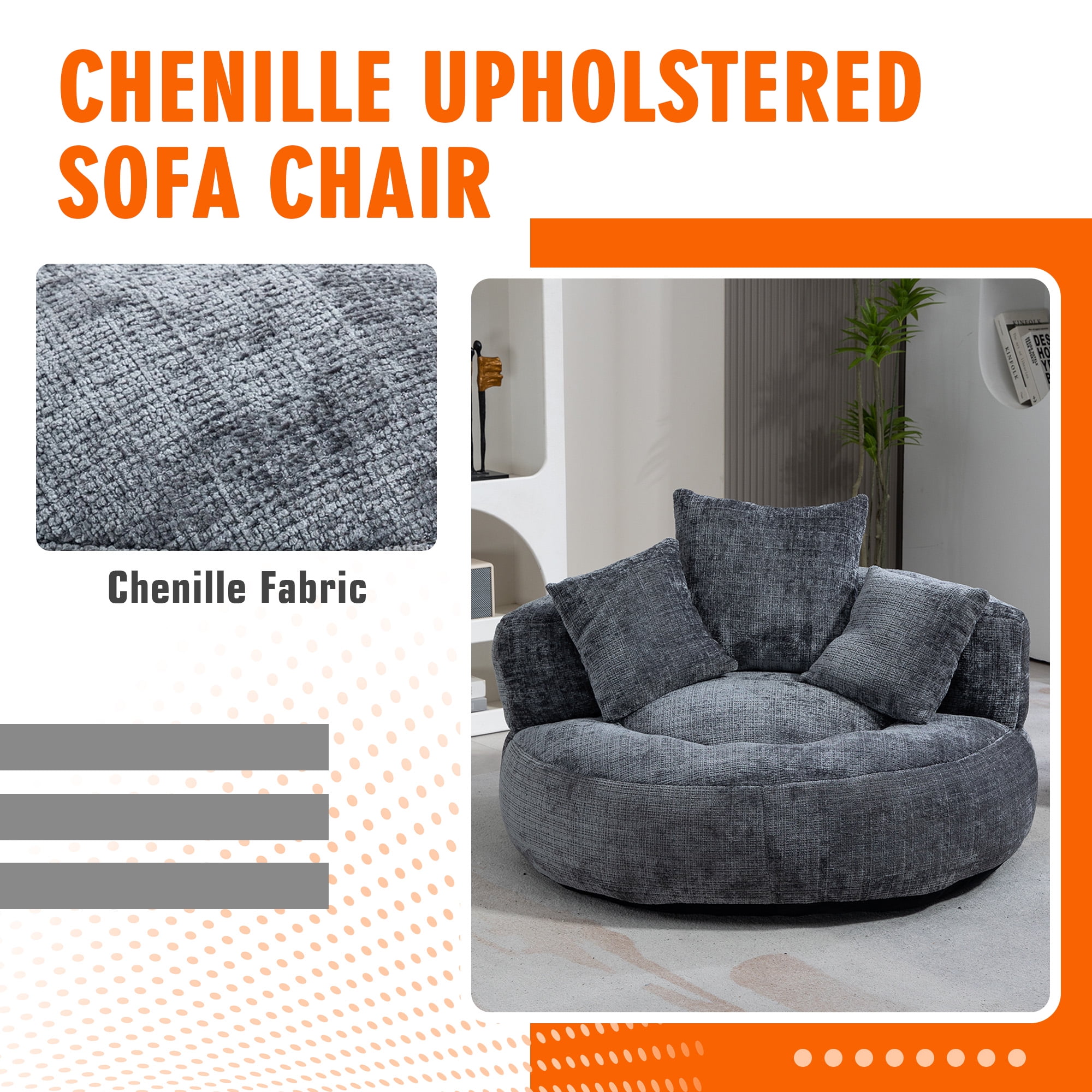 42.5''W Chenille Bean Bag Chairs, Chenille Soft Lazy Sofa Chair, Bean Bag Chair For Adults & Kids To Gaming,Reading,And Watching TV,Living Room, Bedroom,Office Room(Gray)