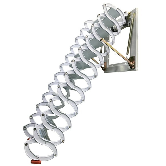 INTBUYING Wall Mounted Folding Ladder Loft Ladder Attic Stairs with Armrests Al-mg Alloy White