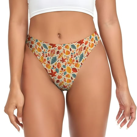 Qokaie Autumn Leaves 3 Printed Women s Cotton Thong Underwear  Sexy Breathable Panties G-string-4X-Large