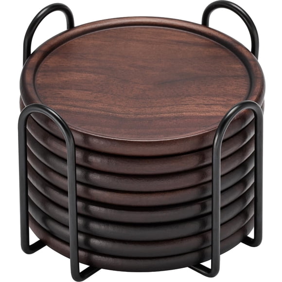 Sous-verres en Bois avec Support en Métal, GOH DODD Ensemble de 8 sous-Verres en Bois Protection de Table Décoration de Salon pour Boissons Table Basse Maison Cuisine Bureau