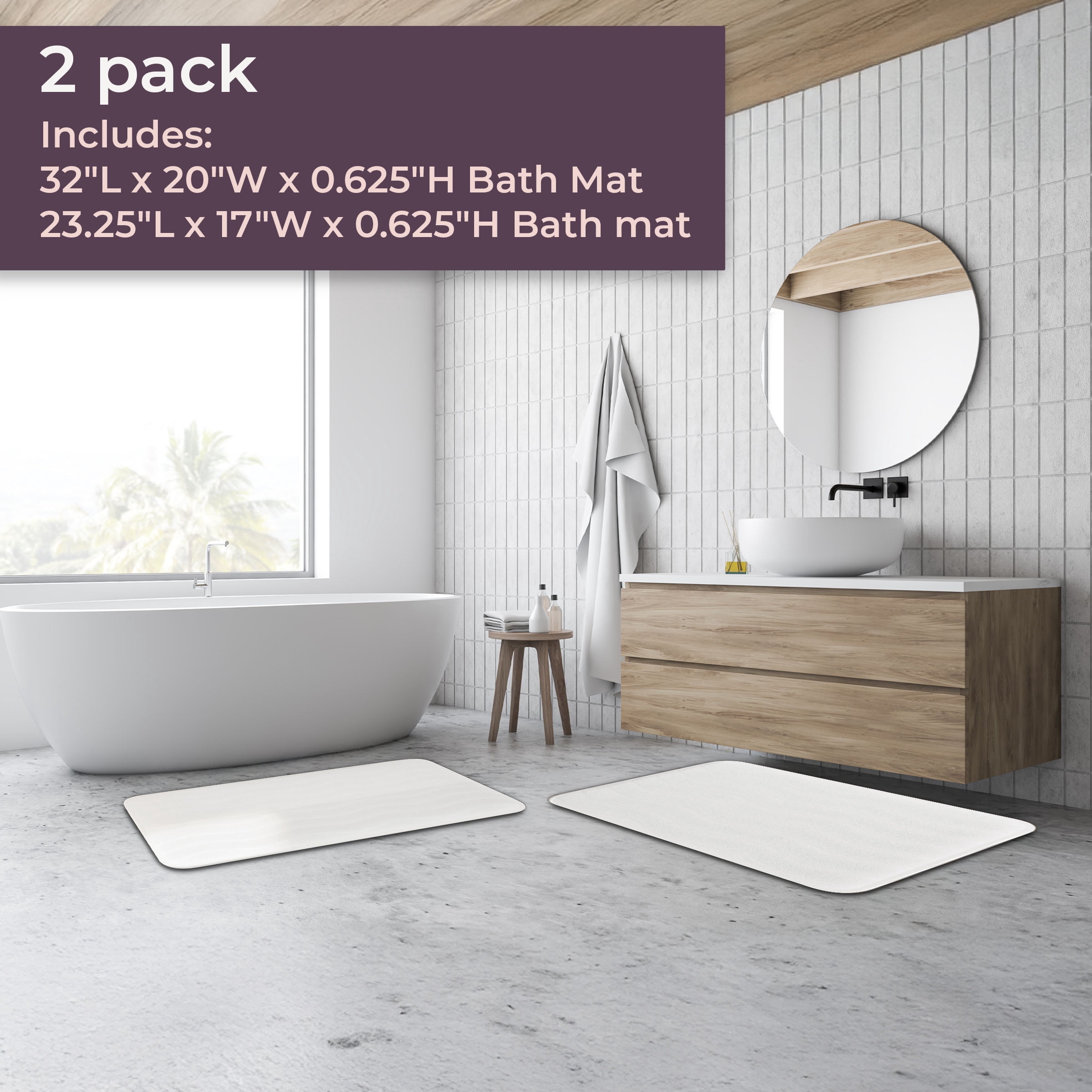 Lavish Home Set of 2 Bathroom Rugs – Non-Slip Memory Foam Bath Mats, White