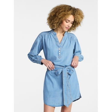 Time and Tru Women's Belted Denim Mini Shirtdress with Long Sleeves, Sizes XS-XXXL