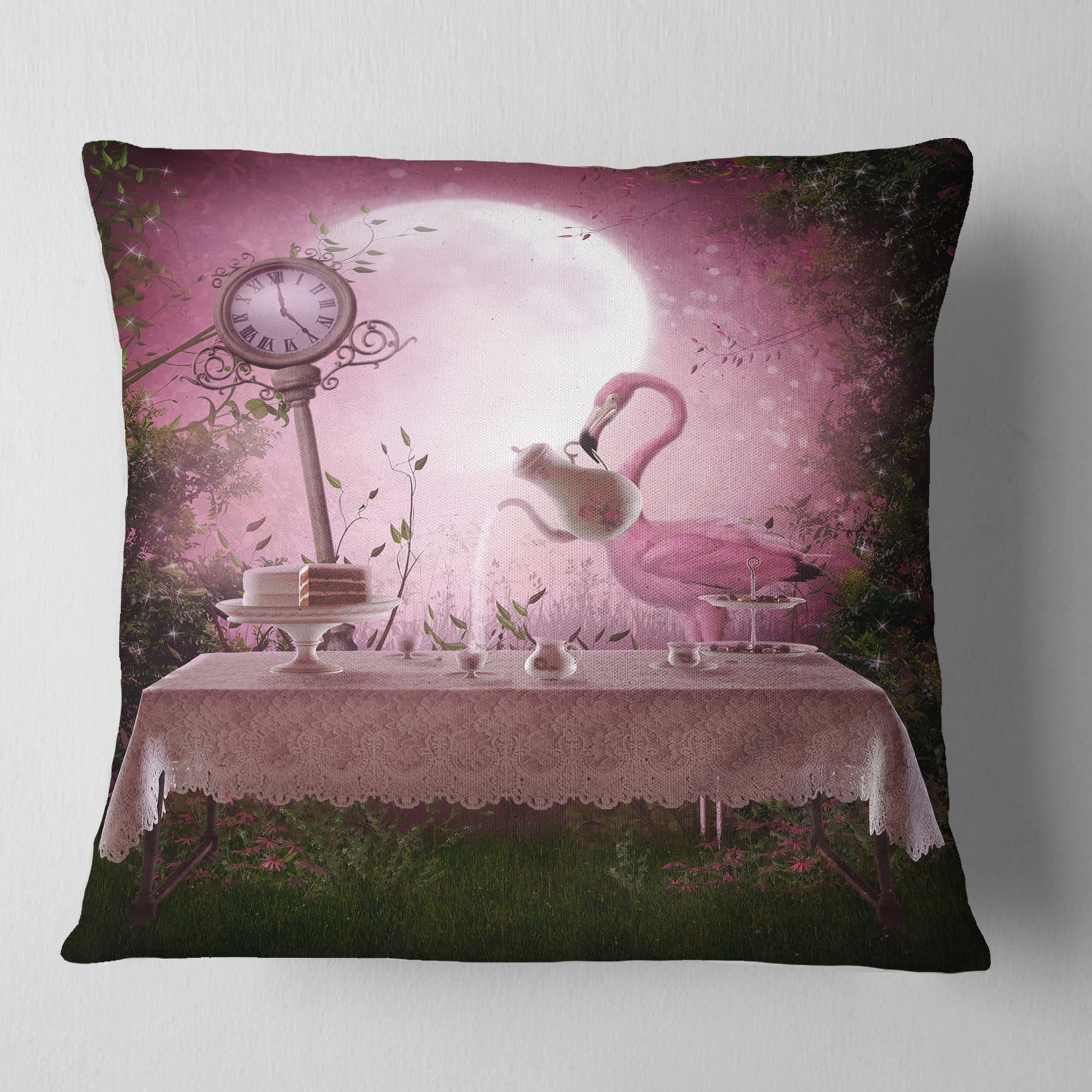 Designart Fantasy Garden with a Flamingo - Modern Landscape Printed Throw Pillow - 16x16