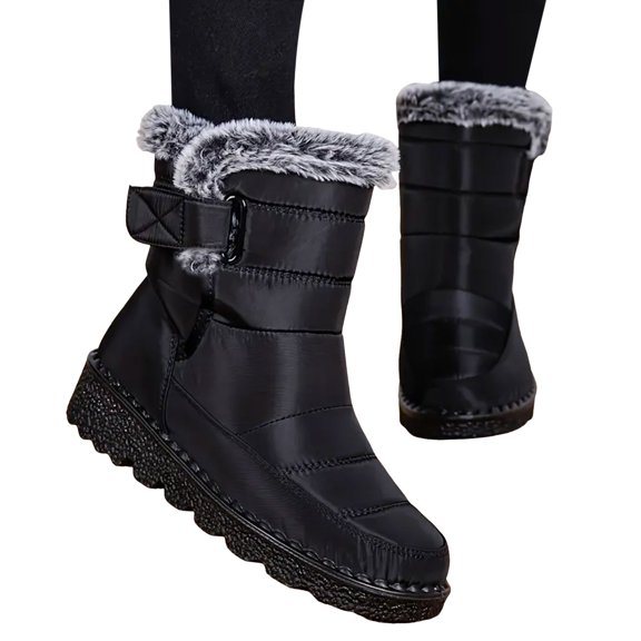 HEWUQI Womens Snow Boots Fuzzy Cuff Adjustable Strap Winter Shoes Warm Cold Weather Commute Snowy Daily Booties Black Size 11