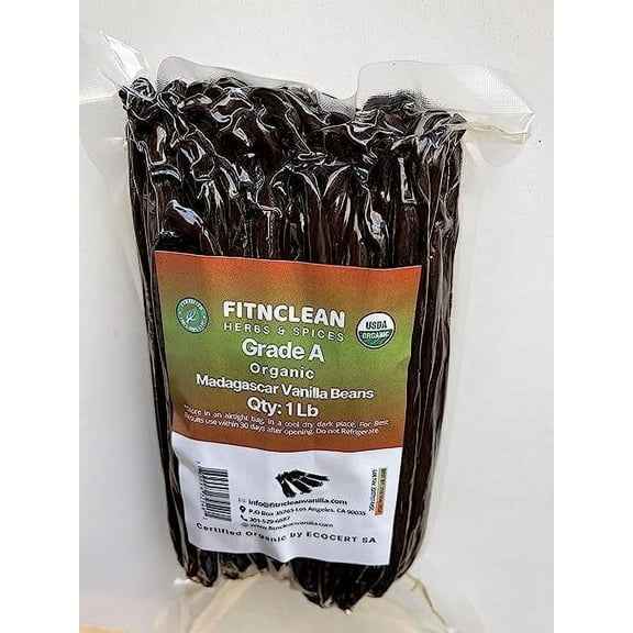 1 Lb Organic Madagascar Vanilla Beans Grade A by Fitnclean Vanilla. USDA Certified Organic. 6"-8" Long