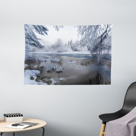 Winter Tapestry, Nordic Snow Nature Lake Idyllic Finland Icy Cold Forest Scandinavian Landscape, Wall Hanging for Bedroom Living Room Dorm Decor, 60W X 40L Inches, White Dark Taupe, by Ambesonne
