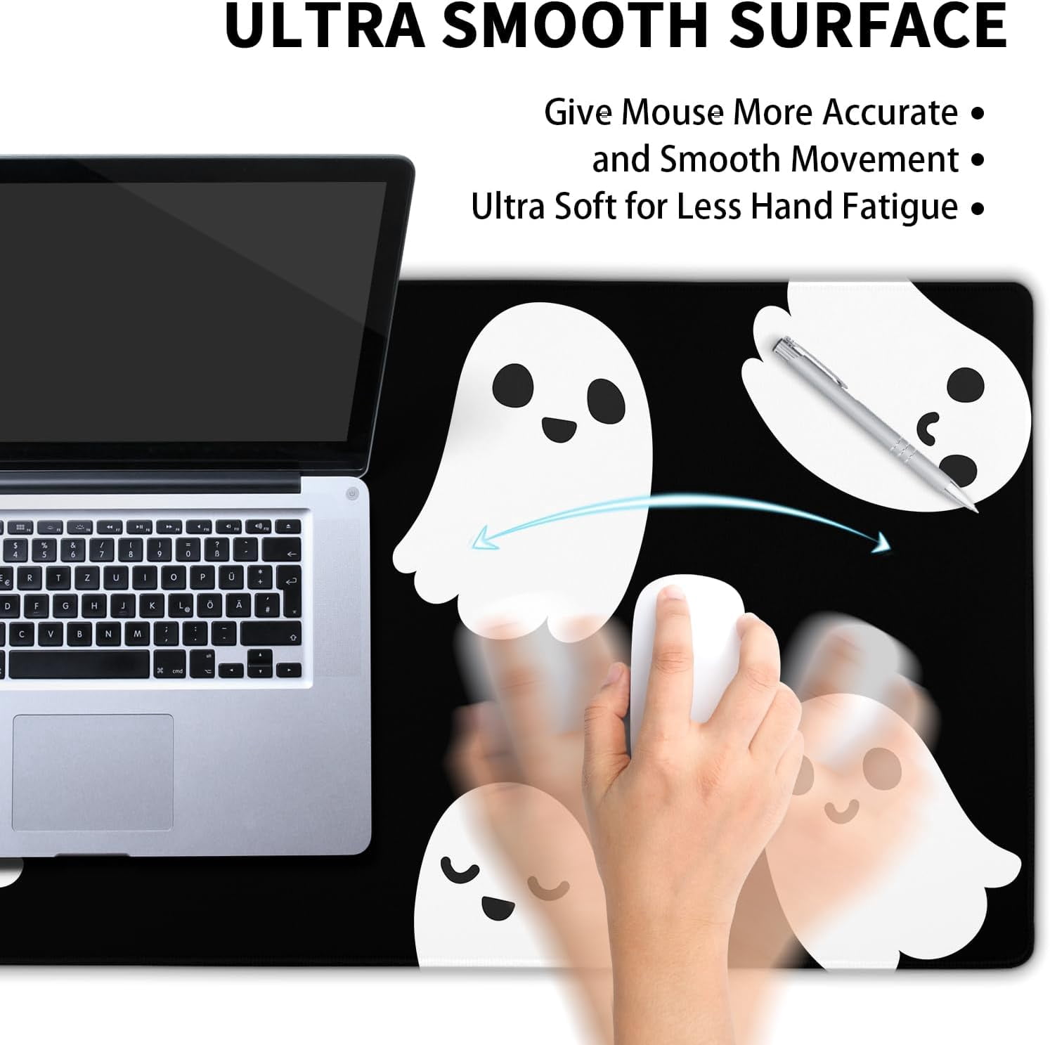 Halloween Cute Ghost Mouse Pad Large Cartoon Spooky Funny Spirit Extended Desk Mat Non-Slip Rubber Base Stitched Edge Large XL Black White Mousepad for Desk Gaming Laptop Desktop,24x14 Inch