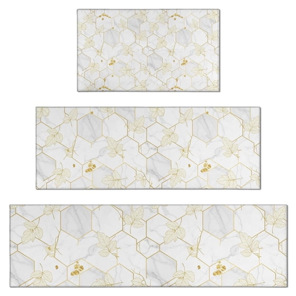 White Gold Leaf Hexagon Marble Pattern Kitchen Rugs Sets Of 3,Kitchen Runner Rugs Non Skid Washable,Decorative Kitchen Floor Mats for Kitchen,Sink,Laundry,17"x30" 17"x47" 17"x59"